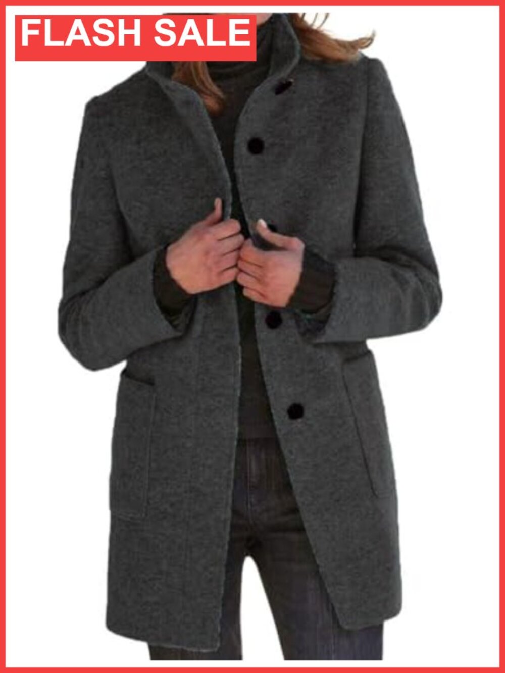 Wool Blend Pea Coat Stand Collar Single Breast Long Blazer Winter Jacket